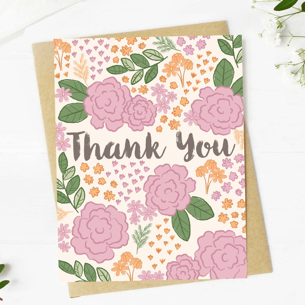 Pink Florals Thank You Cursive Card