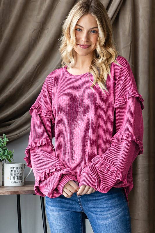ET6800-16 PUFF SLEEVE SOLID URBAN RIBBED TOP WITH SHIRRING