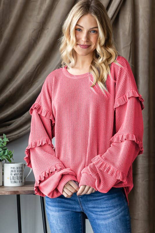 ET6800-16 PUFF SLEEVE SOLID URBAN RIBBED TOP WITH SHIRRING