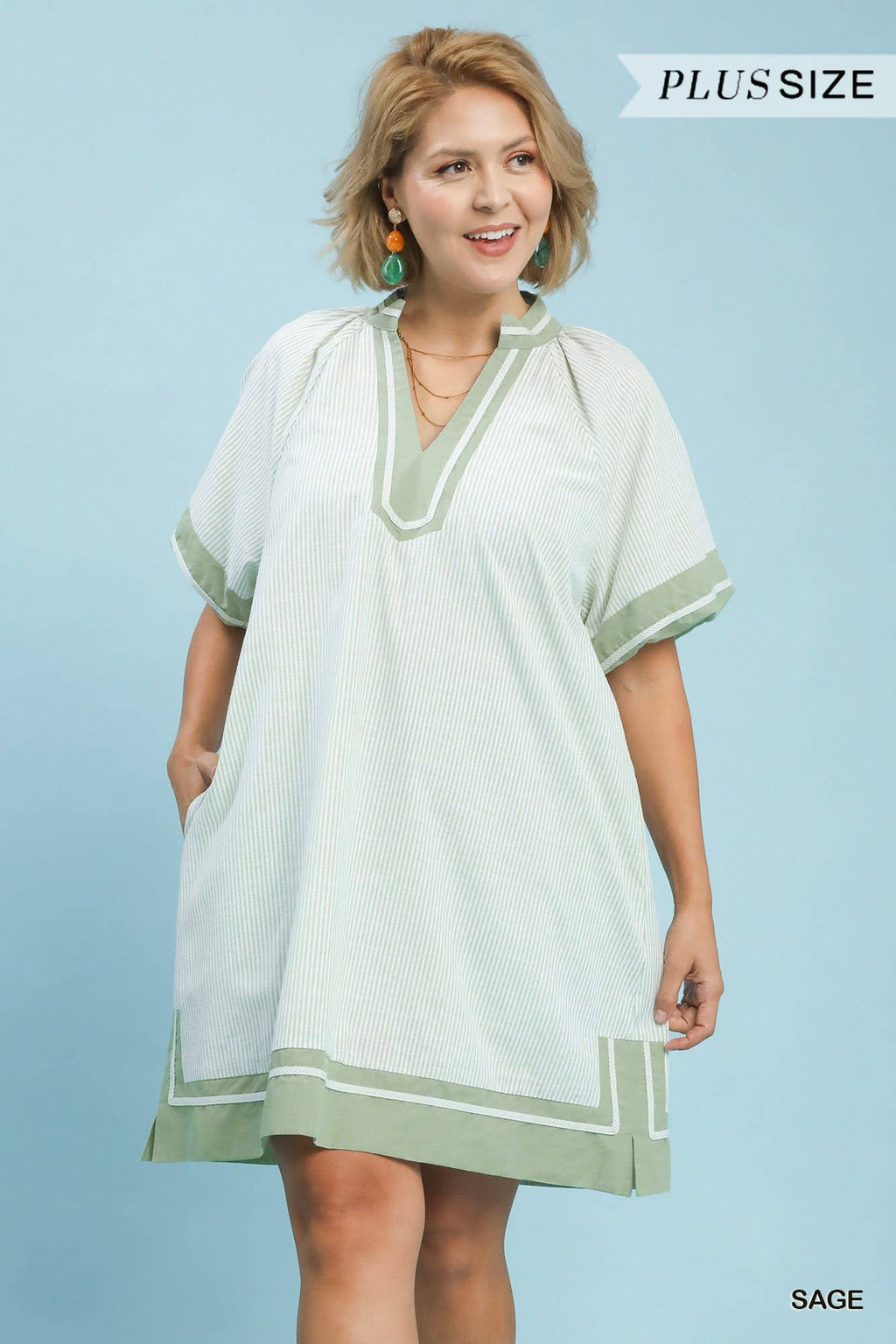 Plus Size Striped Mixed V-neck Mini Dress
