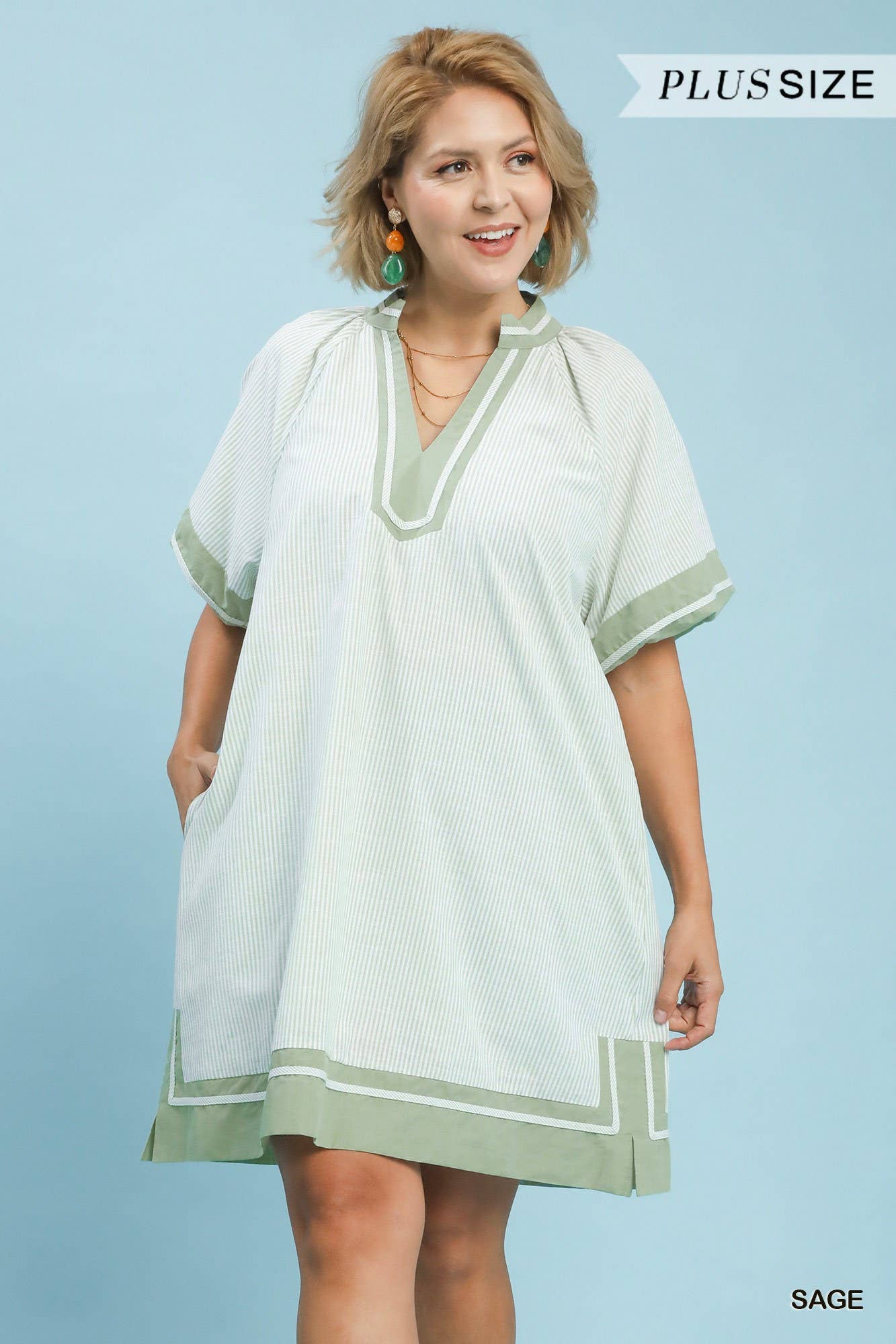 Plus Size Striped Mixed V-neck Mini Dress