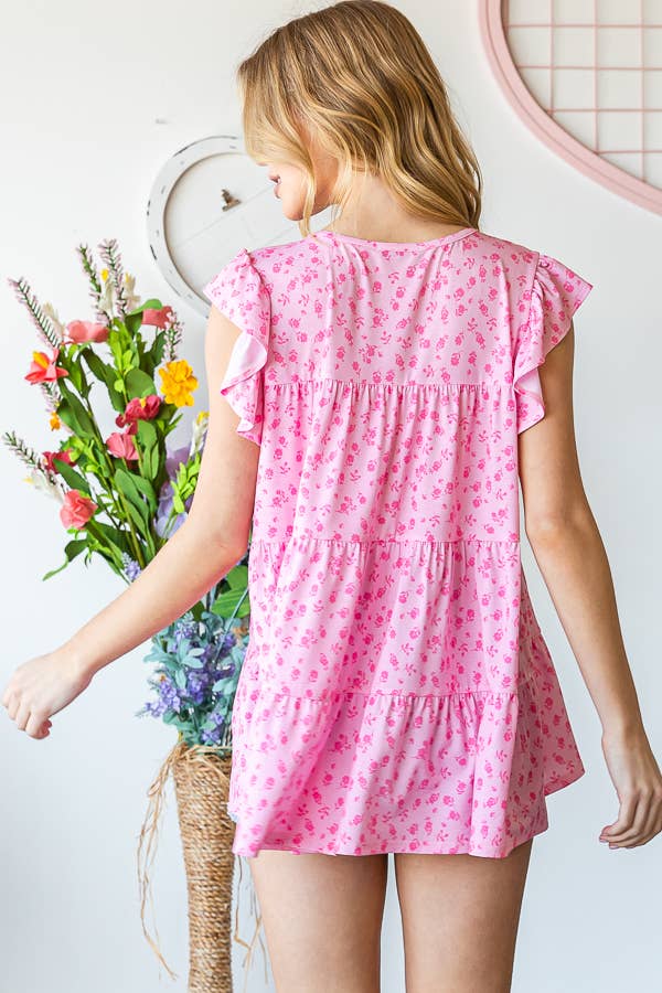 ET6628-30 BUTTERFLY SLEEVE DITSY FLORAL TIERED TOP