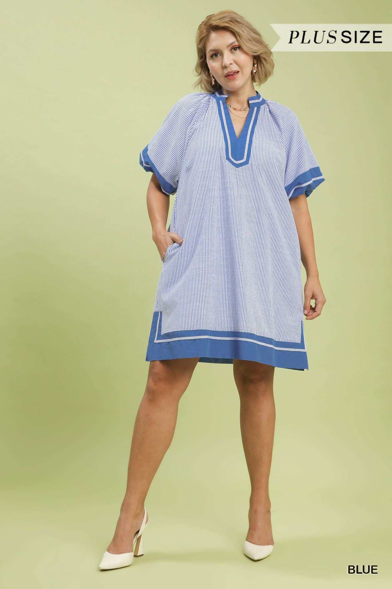 Plus Size Striped Mixed V-neck Mini Dress
