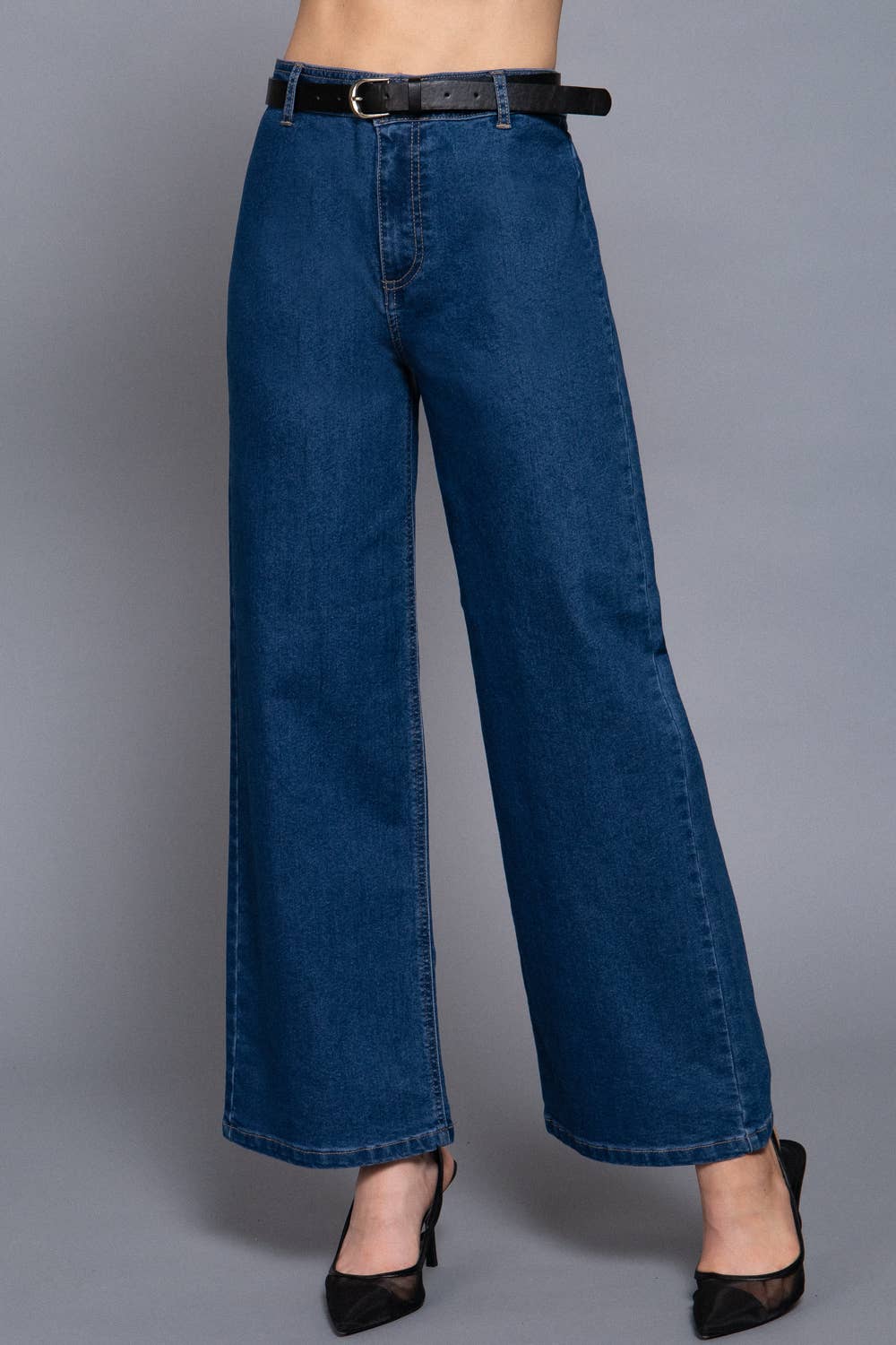 Belted Relaxed Leg Stretch Denim Pants