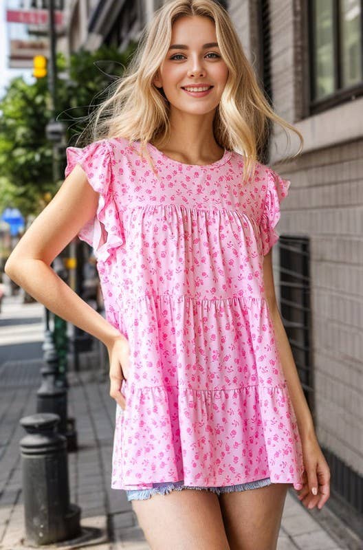 ET6628-30 BUTTERFLY SLEEVE DITSY FLORAL TIERED TOP