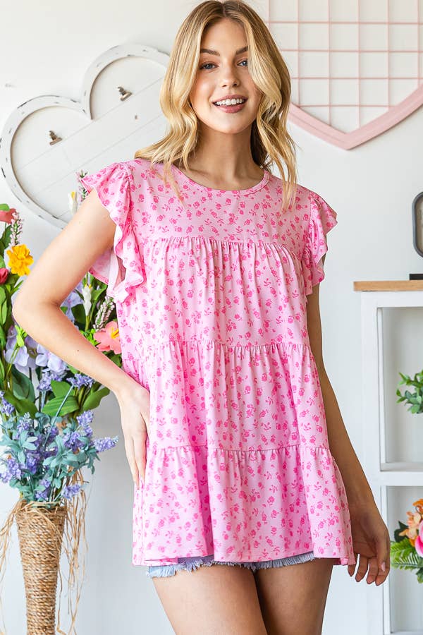 ET6628-30 BUTTERFLY SLEEVE DITSY FLORAL TIERED TOP