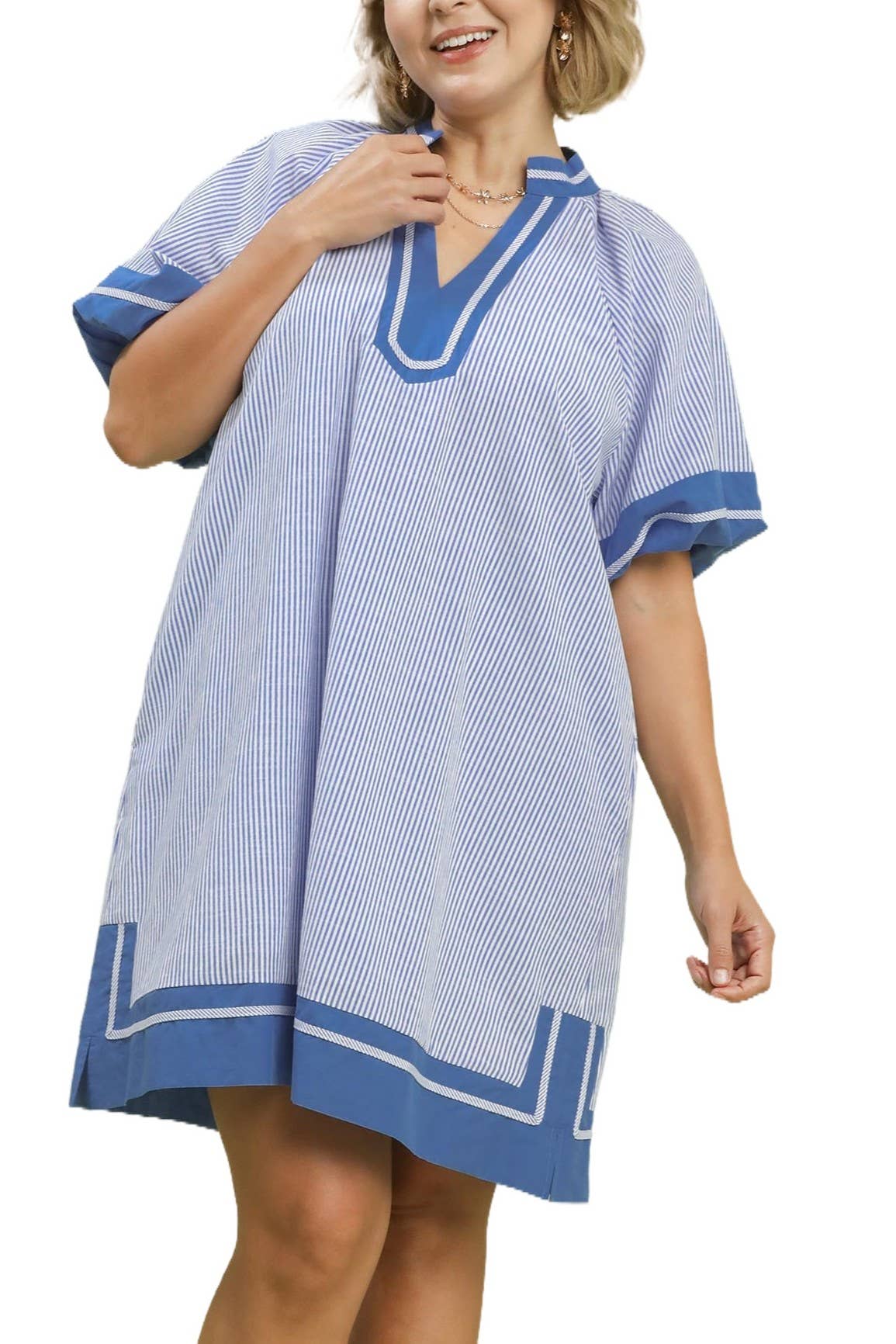 Plus Size Striped Mixed V-neck Mini Dress